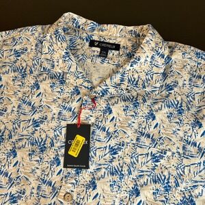 Cremieux Tropical Print Button Up Shirt Short Sleeve Blue Beige Mens XXL 2XL NWT